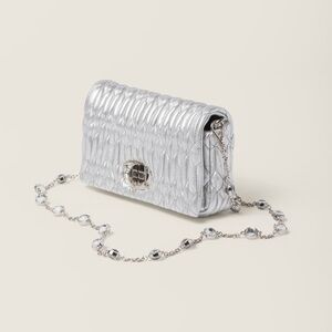 Miu Miu Metallic Silver Quilted Shoulder Bag with Crystal Chain